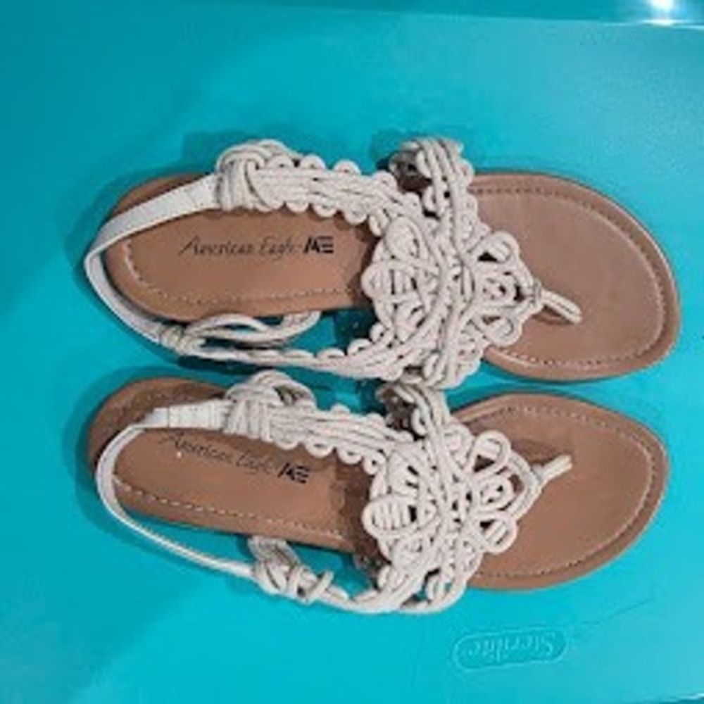 American Eagle Macrame Boho Sandals Cream Rope Thong Slingback Flat Shoes 8.5